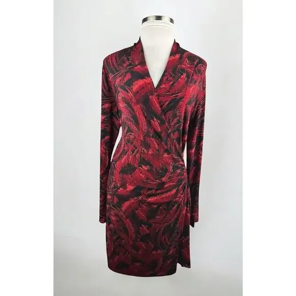 Norma Kamali Faux Wrap Dress Red & Black Feather Print Size XXL 2XL Office Chic - Picture 16 of 16